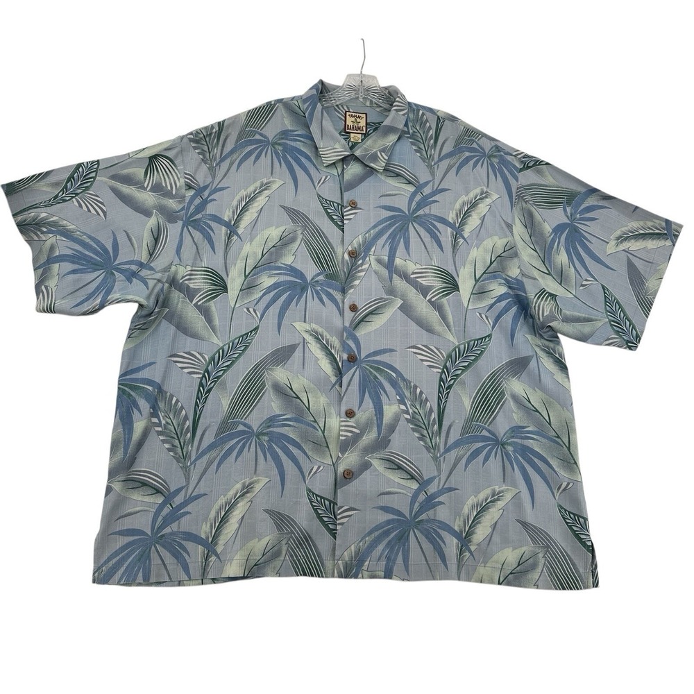 Tommy Bahama Mens XXL Silk Camp Shirt Blue Green Tropical Palm Leaf Print Beach